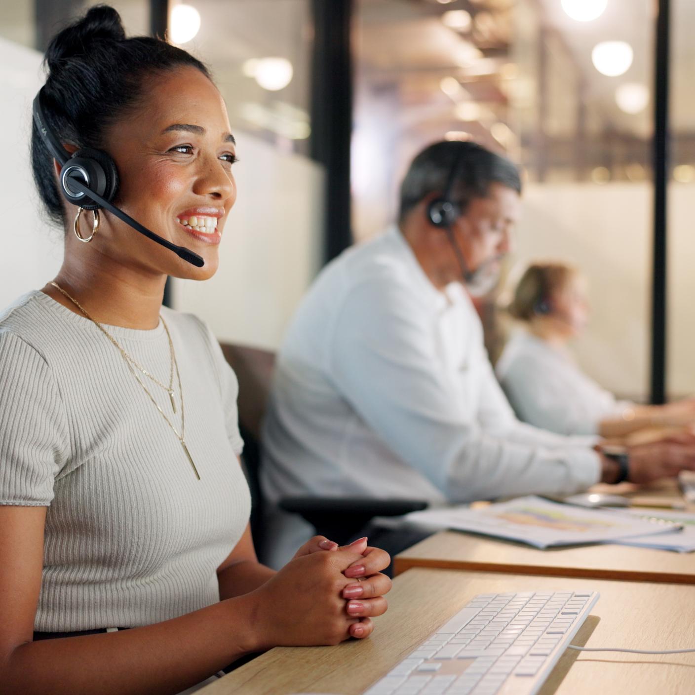 Contact us, telemarketing and crm, black woman in customer service with headset and smile on face.