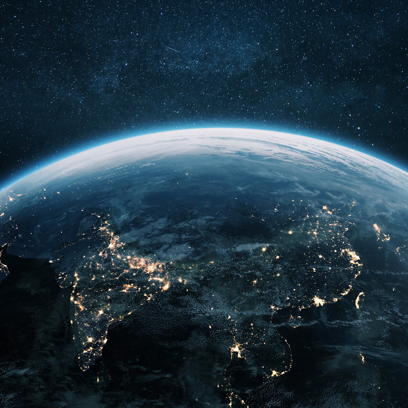 Beautiful planet Earth with night lights of Asian cities views from space. Amazing night planet Earth in view of India, China, Korea and Japan. Development, economics and technology, concept.