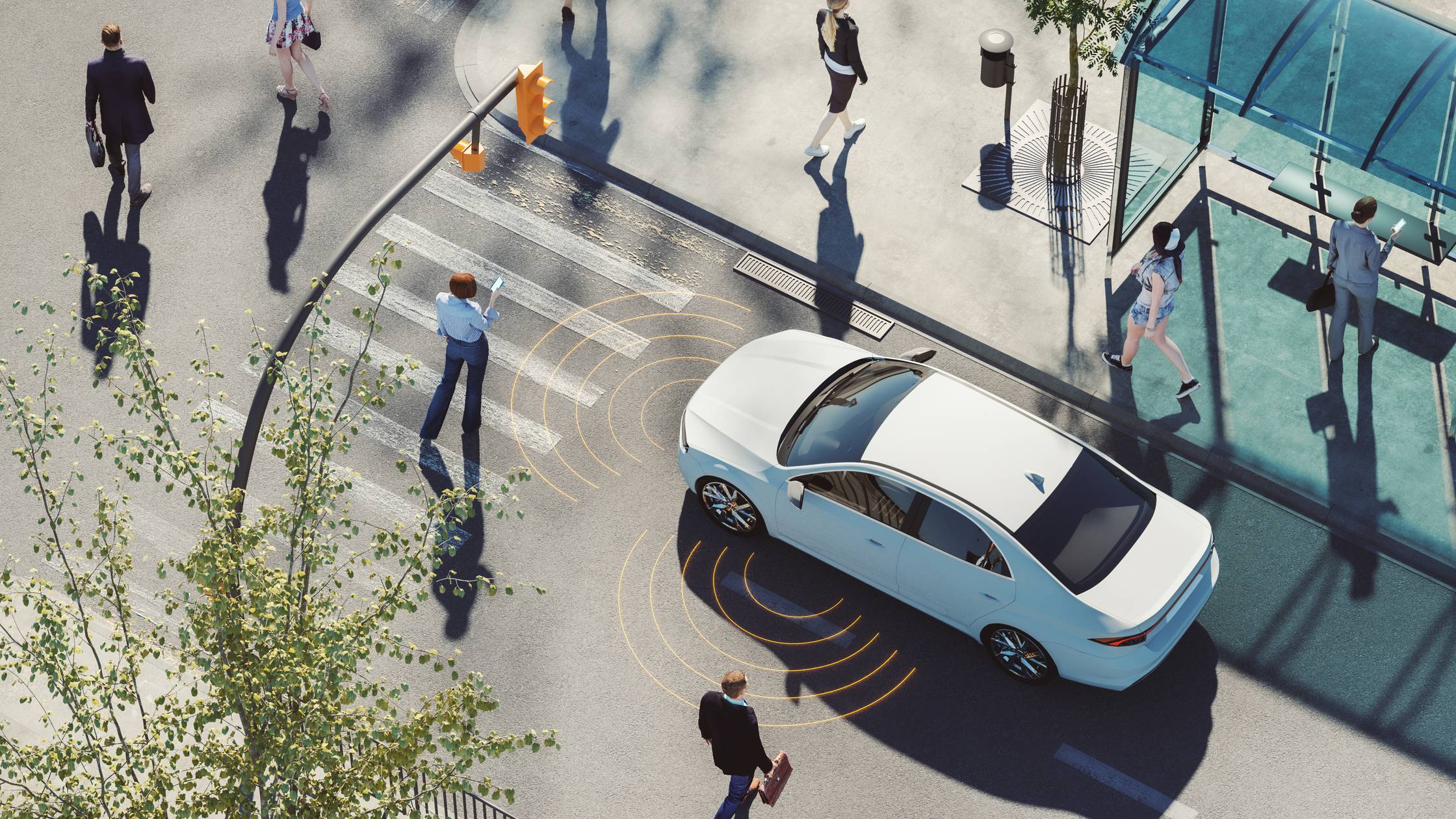 Voiture sans conducteur équipée de capteurs environnementaux. Image générée en 3D